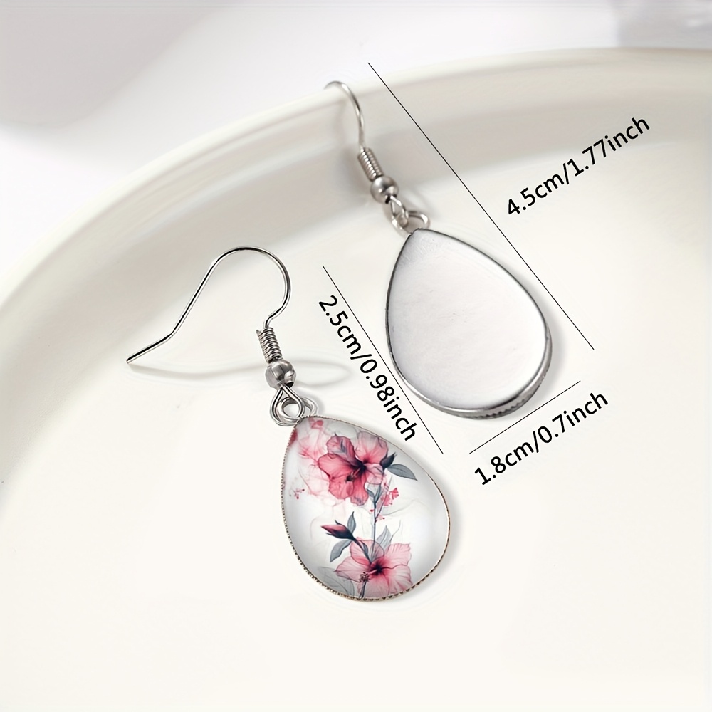 Women's Pink Flower Ink Painting Tear Drop Dangle Earrings